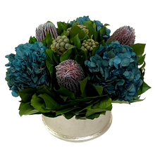 Load image into Gallery viewer, Round Resin Container Silver - Banksia Munzi Blue &amp; Hydrangea Natural Blue