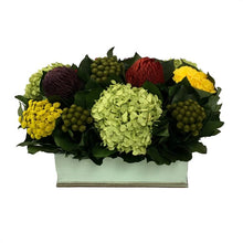Load image into Gallery viewer, Rectangular Planter Small Grey Green - Multicolor Red, Yellow, Purple w/ Basil Hydrangea