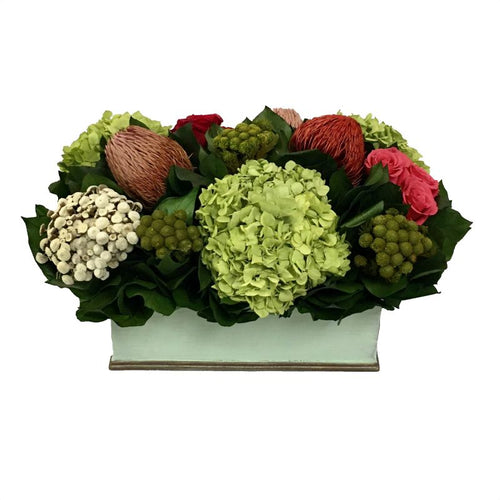 Rectangular Planter Small Grey Green - Multicolor Red & Pink w/ Basil Hydrangea