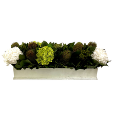 Load image into Gallery viewer, Rect Long Champagne Leaf Container - Banksia Manzi &amp; Hydrangea Basil White