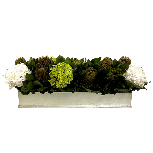 Rect Long Champagne Leaf Container - Banksia Manzi & Hydrangea Basil White