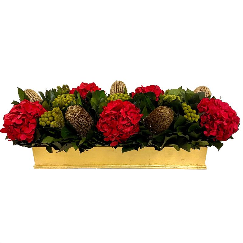 [RPL-G-BKMGHDR] Holiday Floral Red & Gold in Long Rectangular Gold Leaf Container