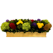 Load image into Gallery viewer, Rect Long Gold Leaf Container - Multicolor Roses Red Yellow, Hydrangea Basil Manzi