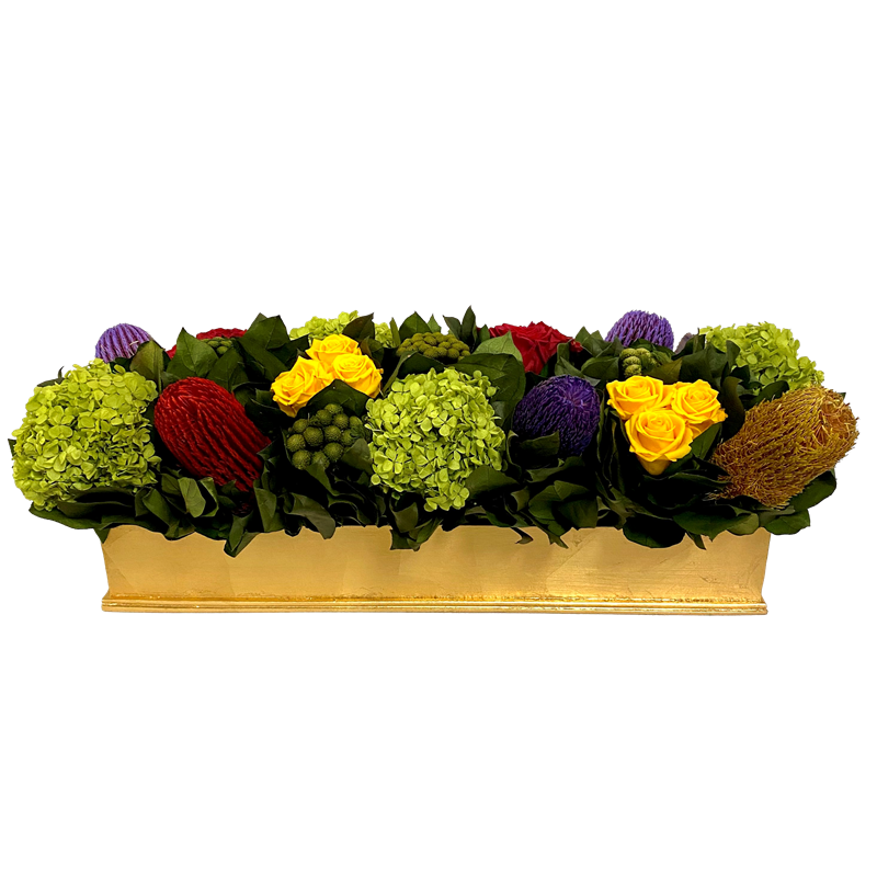 Rect Long Gold Leaf Container - Multicolor Roses Red Yellow, Hydrangea Basil Manzi