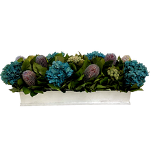 Load image into Gallery viewer, Rect Long Silver Leaf Container - Banksia Manzi Blue &amp; Hydrangea Natural Blue