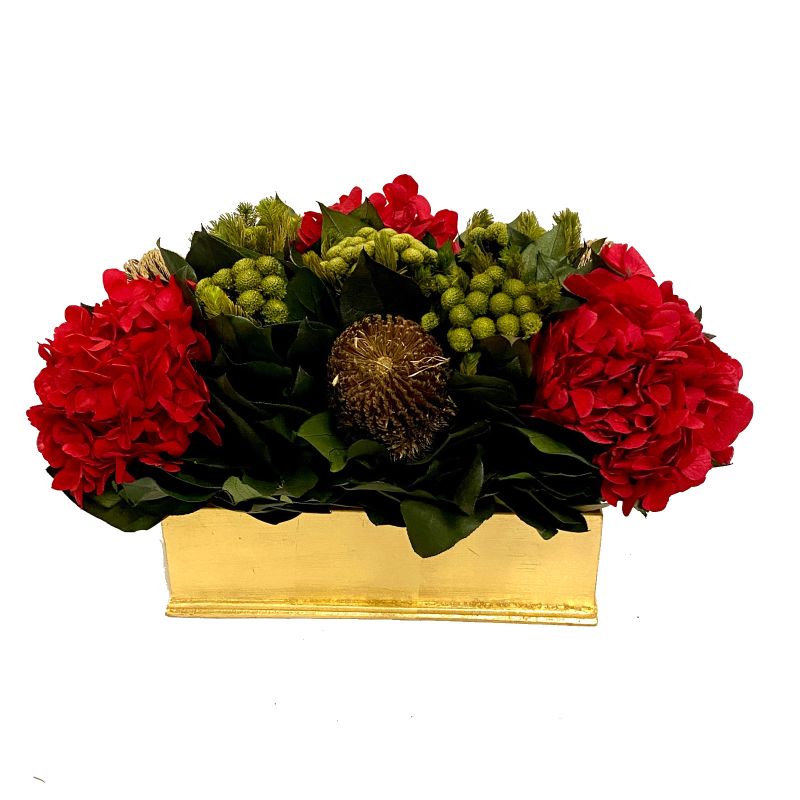 [RPS-G-BKMGHDR] Holiday Floral Red & Gold in Short Rectangular Gold Leaf Container