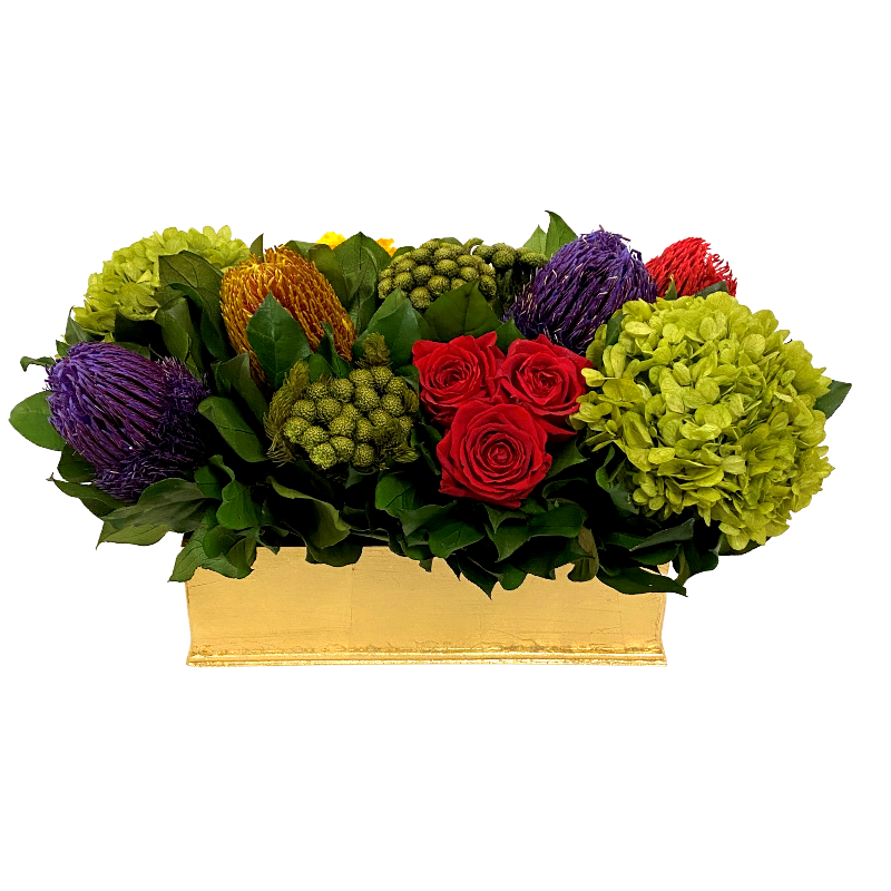 Small Rect Container Gold Leaf - Multicolor Roses Red Yellow Hydrangea Basil Manzi