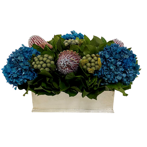 Small Rect Container Silver Leaf - Banksia, Manzi Blue & Hydrangea Natural Blue
