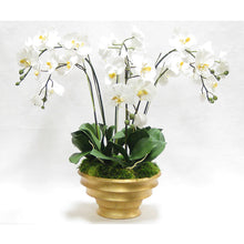 Load image into Gallery viewer, Resin Round Container Gold Leaf - White &amp; Yellow Orchid Artificial - 6 Stems
