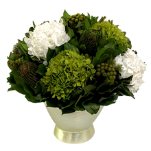 Load image into Gallery viewer, Resin Round Container Champagne Leaf - Manzi Bronze &amp; Hydrangea White Basil