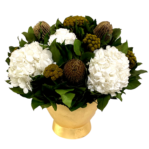 Resin Round Container Gold Leaf - Manzi Gold, Roses White & Hydrangea White
