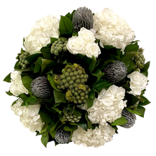 Load image into Gallery viewer, [RRCT-S-BKMSHDW] Resin Round Container Silver Leaf - Manzi Silver, Roses White &amp; Hydrangea White