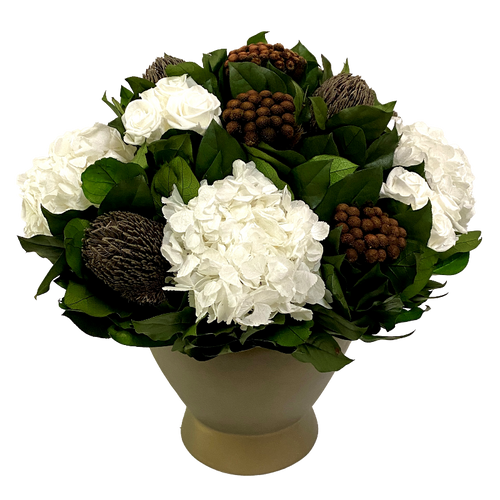 Resin Round Container Bronze Leaf - Manzi Bronze, Roses White & Hydrangea White