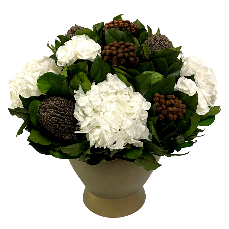 Resin Round Container Bronze Leaf - Manzi Bronze, Roses White & Hydrangea White