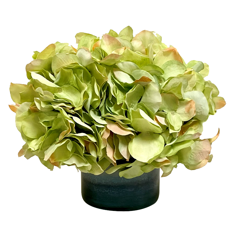Blue Glass Vase - Artificial Hydrangea Light Green