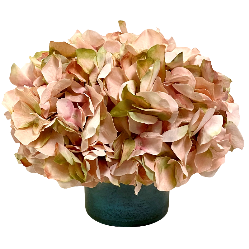 Blue Glass Vase - Artificial Hydrangea Pink