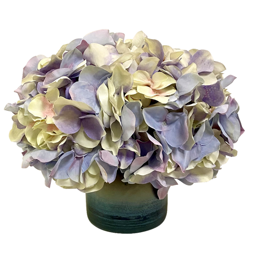 Blue Glass Vase - Artificial Hydrangea Violet