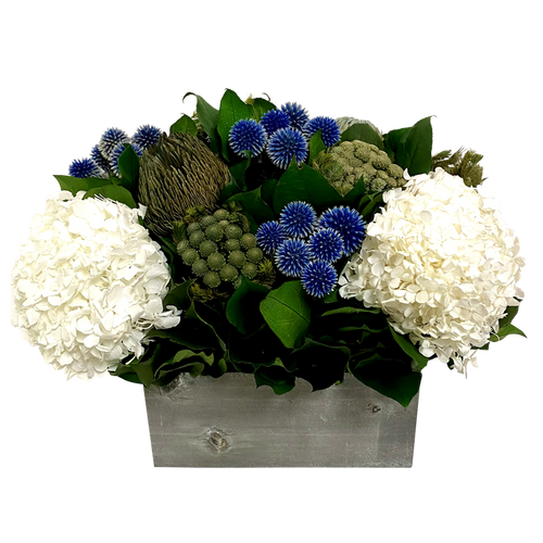 Wooden Container Grey Stained - Echinops Dark Blue, Banksia Blue & Hydrangea White..