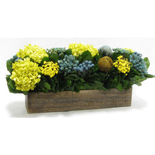 Load image into Gallery viewer, [WC20B-MLBLYE] Wooden Long Container Brown Stain - Blue/Yellow Multicolor w/ Banksia, Brunia, Pharalis &amp; Hydrangea Basil..