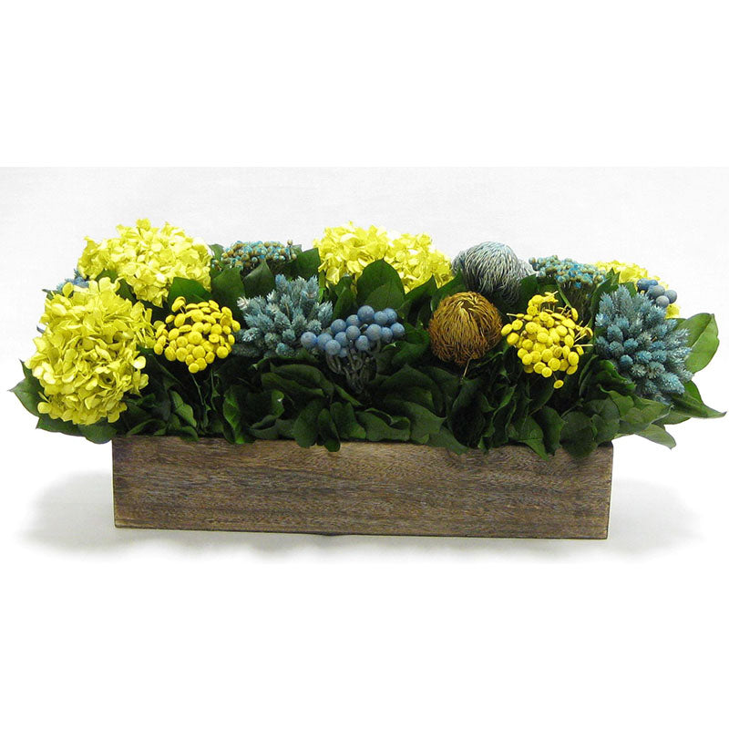 Wooden Long Container Brown Stain - Blue/Yellow Multicolor w/ Banksia, Brunia, Pharalis & Hydrangea Basil..