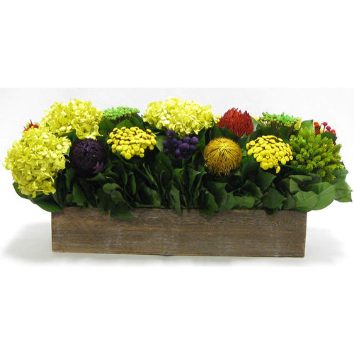 Wooden Long Container Brown Stain - Multicolor w/ Banksia, Brunia, Pharalis & Hydrangea Basil..
