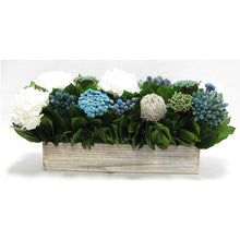 Load image into Gallery viewer, Wooden Long Container Whitewash Stain  - Echinops w/ Banksia, Brunia, Pharalis &amp; Hydrangea White..