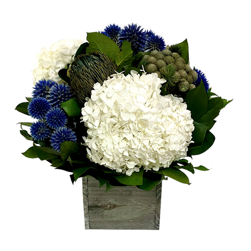 Wooden Container Grey Stained - Echinops Dark Blue, Banksia Blue & Hydrangea White