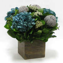 Load image into Gallery viewer, [WC5B-BKBRHDNB] Wooden Cube Container Brown Stain - Banksia Lt Grey, Brunia Nat &amp; Hydrangea Natural Blue