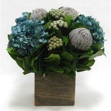 Load image into Gallery viewer, Wooden Cube Container Brown Stain - Banksia Lt Grey, Brunia Nat &amp; Hydrangea Natural Blue
