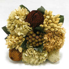Load image into Gallery viewer, [WC5B-MLBNIX] Wooden Cube Container Brown Stain - Brown &amp; Natural Banksia, Brunia, Pharalis &amp; Hydrangea Ivory &amp; Light Brown..
