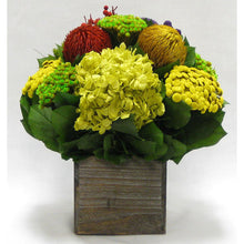 Load image into Gallery viewer, Wooden Cube Container Brown Stain - Multicolor w/ Banksia, Brunia, Pharalis &amp; Hydrangea Basil..