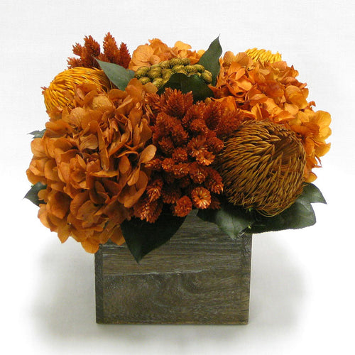 Wooden Cube Container Brown Stain - Terracotta Banksia, Brunia, Pharalis & Hydrangea Rust Brown..