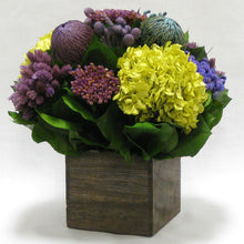 Load image into Gallery viewer, [WC5B-MLVL] Wooden Cube Container Brown Stain - Violet Multicolor w/ Banksia, Brunia, Pharalis &amp; Hydrangea Basil....
