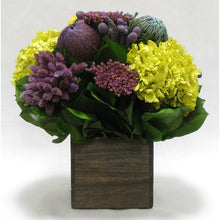 Load image into Gallery viewer, Wooden Cube Container Brown Stain - Violet Multicolor w/ Banksia, Brunia, Pharalis &amp; Hydrangea Basil....