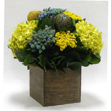 Load image into Gallery viewer, [WC6B-MLBLYE] Wooden Cube Container Brown Stain  - Blue/Yellow Multicolor w/ Banksia, Brunia, Pharalis &amp; Hydrangea Basil..
