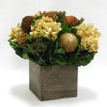 Load image into Gallery viewer, [WC6B-MLBNI] Wooden Cube Container Brown Stain - Brown &amp; Natural Banksia, Brunia, Pharalis &amp; Hydrangea Ivory &amp; Light Brown..
