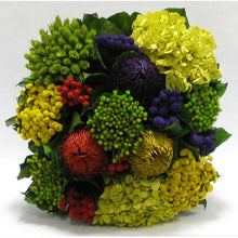 Load image into Gallery viewer, [WC6B-MLP6] Wooden Cube Container Brown Stain - Multicolor w/ Banksia, Brunia, Pharalis &amp; Hydrangea Basil..
