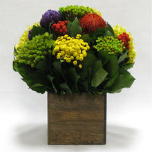 Load image into Gallery viewer, Wooden Cube Container Brown Stain - Multicolor w/ Banksia, Brunia, Pharalis &amp; Hydrangea Basil..