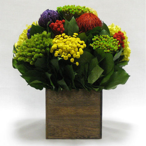 Wooden Cube Container Brown Stain - Multicolor w/ Banksia, Brunia, Pharalis & Hydrangea Basil..