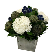 Load image into Gallery viewer, [WC6G-ECBHDW] Wooden Cube Container Grey Stain - Echinops Dark Blue, Banksia Blue &amp; Hydrangea White