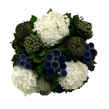 Load image into Gallery viewer, [WC6G-ECBHDW] Wooden Cube Container Grey Stain - Echinops Dark Blue, Banksia Blue &amp; Hydrangea White
