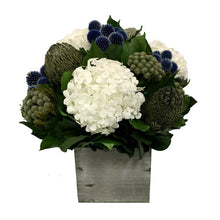 Load image into Gallery viewer, Wooden Cube Container Grey Stain - Echinops Dark Blue, Banksia Blue &amp; Hydrangea White