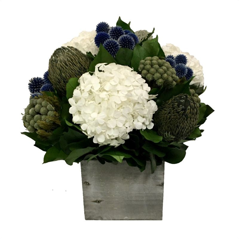 Wooden Cube Container Grey Stain - Echinops Dark Blue, Banksia Blue & Hydrangea White