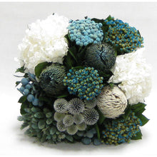 Load image into Gallery viewer, [WC6W-ECHDW] Wooden Cube Container Whitewash Stain - Echinops w/ Banksia, Brunia, Pharalis &amp; Hydrangea White..