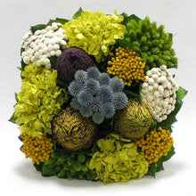 Load image into Gallery viewer, [WC73B-ECHDB] Wooden Short Container Brown Stain - Echinops w/ Banksia, Brunia, Pharalis &amp; Hydrangea Basil..