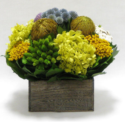 Wooden Short Container Brown Stain - Echinops w/ Banksia, Brunia, Pharalis & Hydrangea Basil..