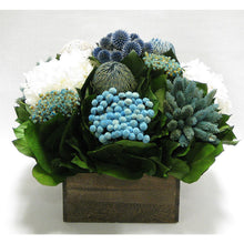 Load image into Gallery viewer, Wooden Short Container Brown Stain - Echinops w/ Banksia, Brunia, Pharalis &amp; Hydrangea White..