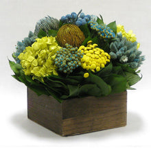 Load image into Gallery viewer, [WC73B-MLBLYE] Wooden Short Container Brown Stain - Blue/Yellow Multicolor w/ Banksia, Brunia, Pharalis &amp; Hydrangea Basil..