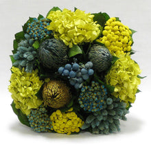 Load image into Gallery viewer, [WC73B-MLBLYE] Wooden Short Container Brown Stain - Blue/Yellow Multicolor w/ Banksia, Brunia, Pharalis &amp; Hydrangea Basil..
