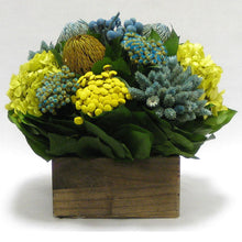 Load image into Gallery viewer, Wooden Short Container Brown Stain - Blue/Yellow Multicolor w/ Banksia, Brunia, Pharalis &amp; Hydrangea Basil..